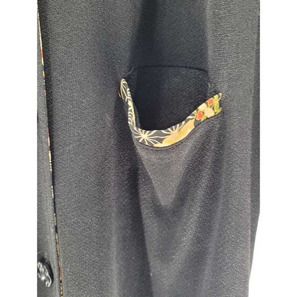 Vintage Black Asian Trim Side Slit Knit Woman's Long Nehru Jacket - Picture 8 of 9